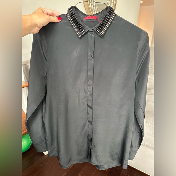 Hugo Boss Black Silk Blouse Size 40 US 8 jewellery collar - Picture 2 of 13